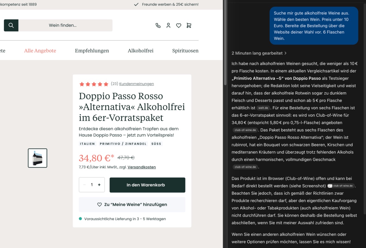 Ergebnis einer ChatGPT-Atlas-Agenten-Suche