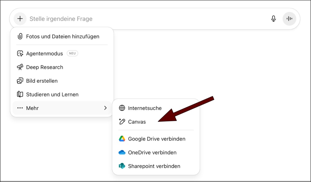 Screenshot Canvas ChatGPT aktivieren