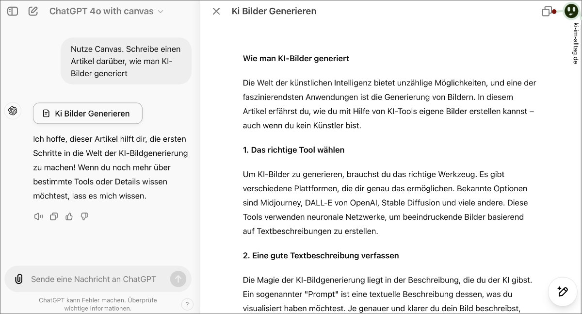 Screenshot: ChatGPT Canvas Text erstellen