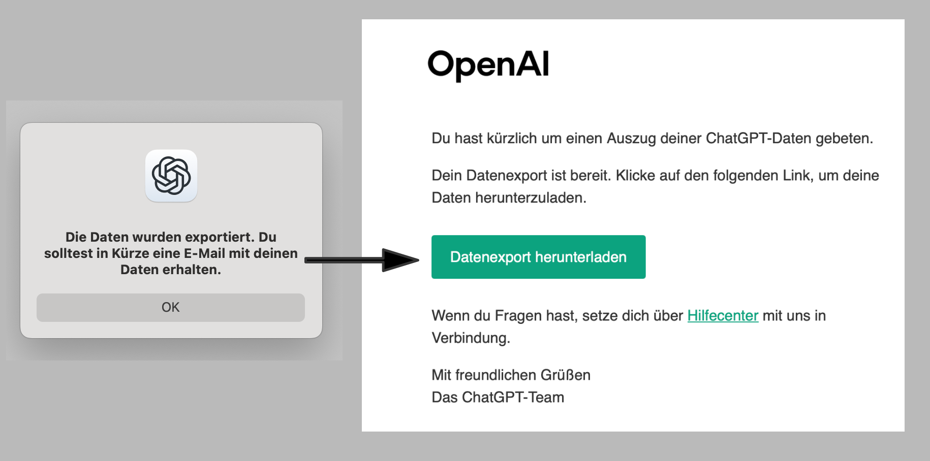 Screenshot: Exportmeldung von OpenAI