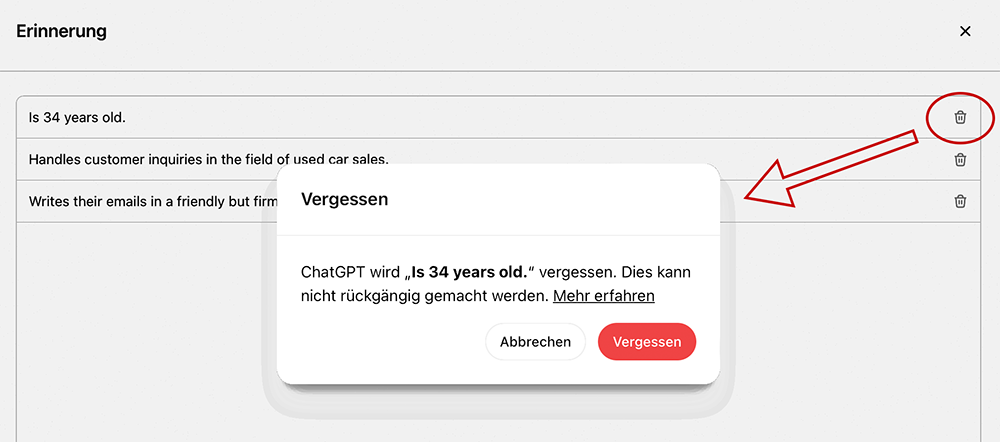 Screenshot ChatGPT Memory Funktion verwalten