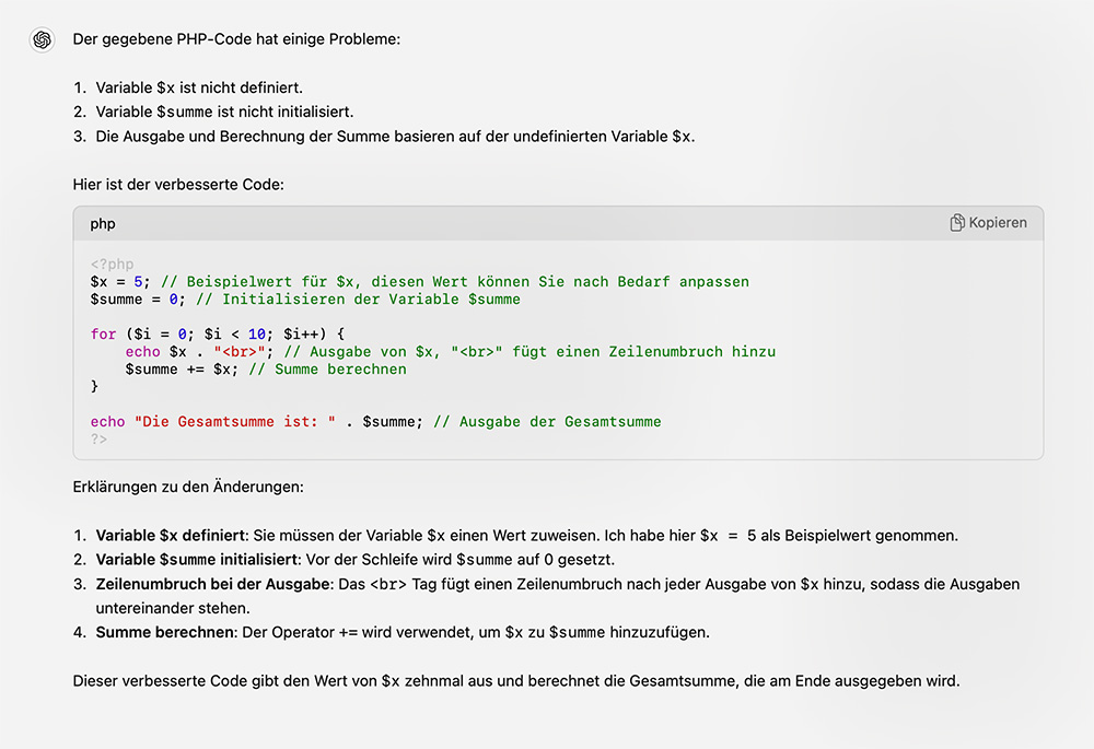 Screenshot: Programmcode Fehlersuche ChatGPT