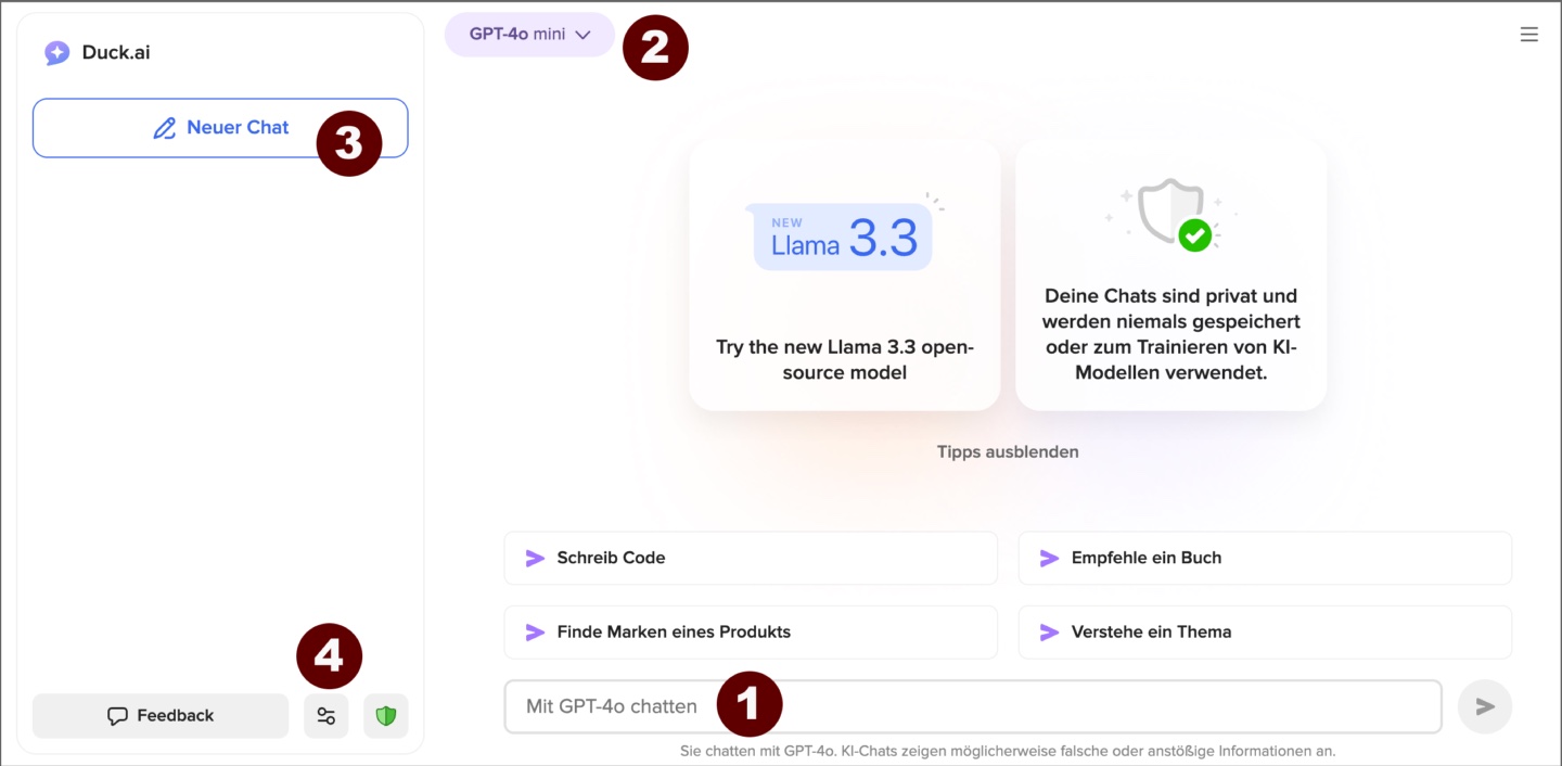 Duck.ai Benutzeroberfläche