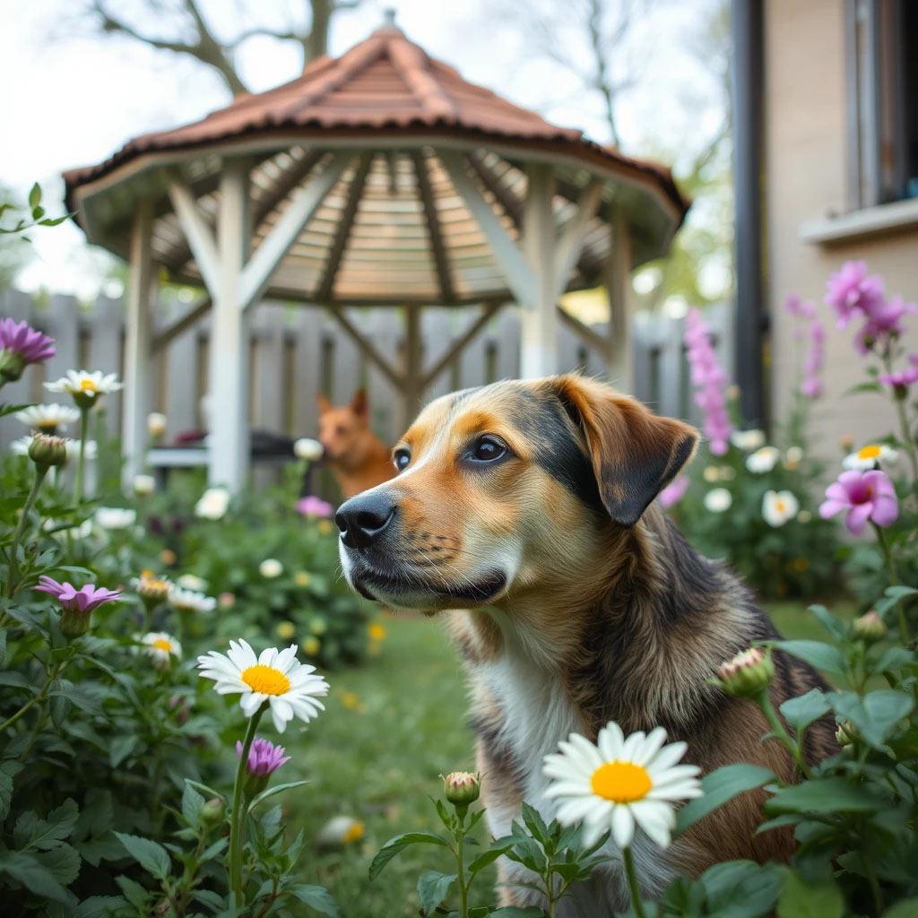 Hund im Garten. KI-Bild. Erstellt von Flux.1