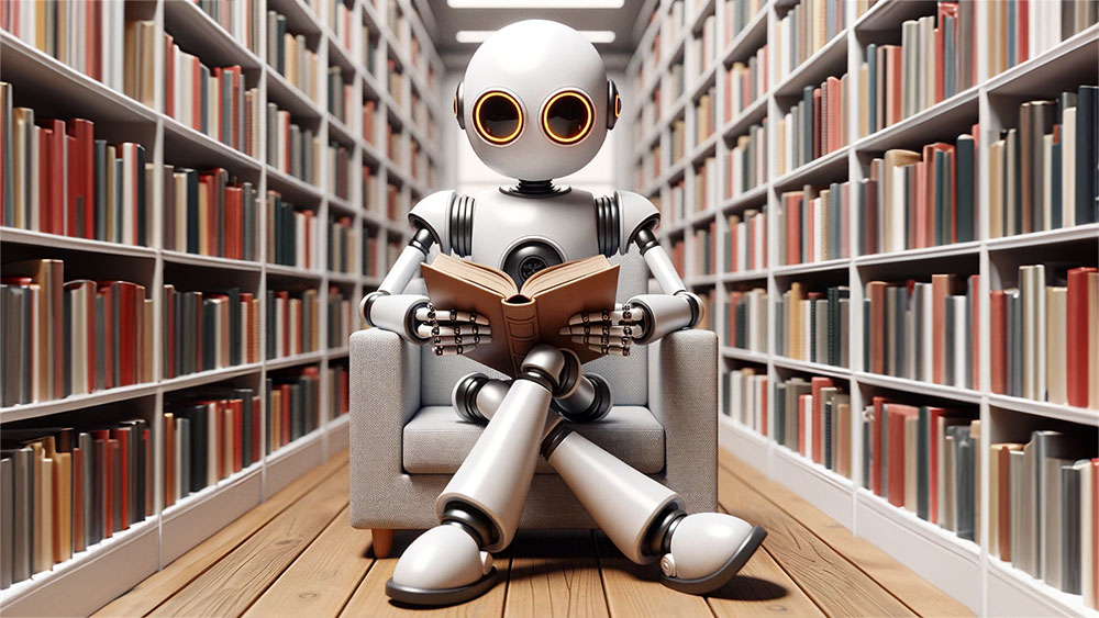 Lesender Roboter, DALL-E KI-Bild